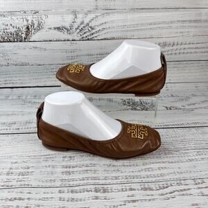 Tory Burch Britten Womens US 5M Ballet Flats Brown Leather Gold Logo